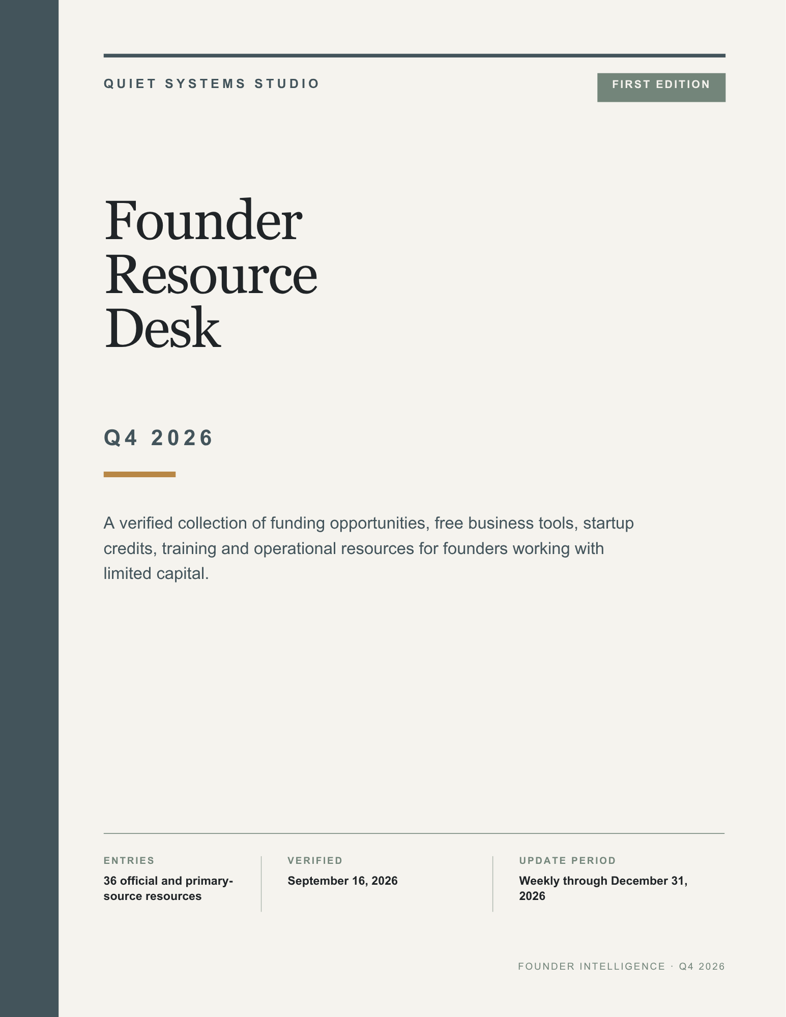 Founder Resource Desk, Q4 2026 First Edition cover